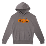 Gray hoodie with 'Happy Halloween' and pumpkin design on a white background