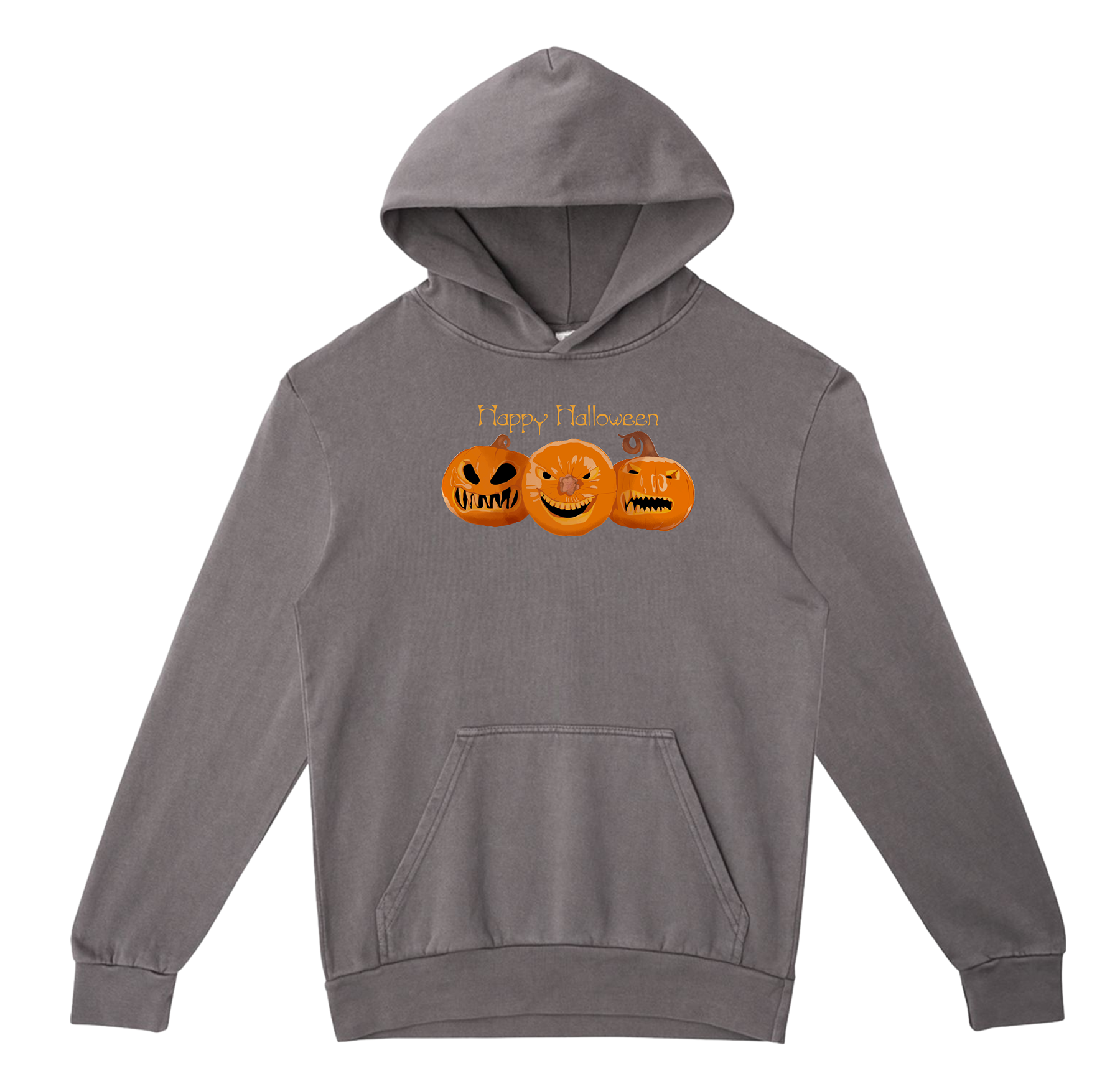Gray hoodie with 'Happy Halloween' and pumpkin design on a white background
