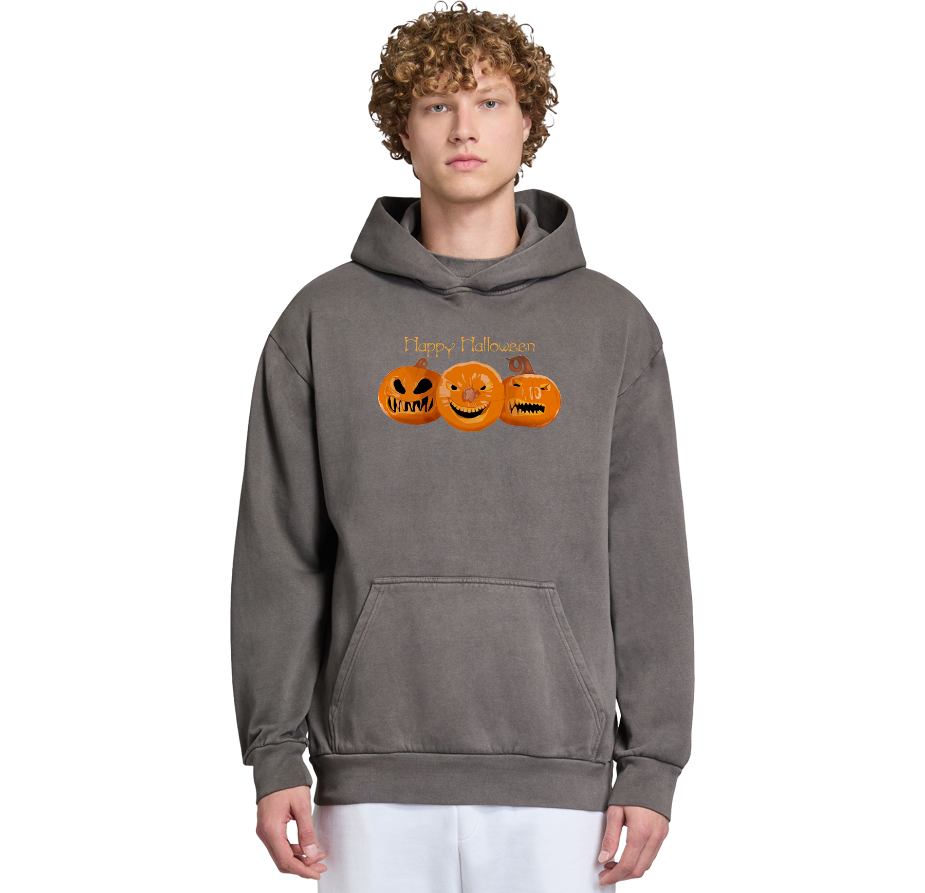Person wearing a gray hoodie with Halloween-themed design on a white background