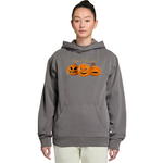 Person wearing a gray hoodie with Halloween-themed design on a white background