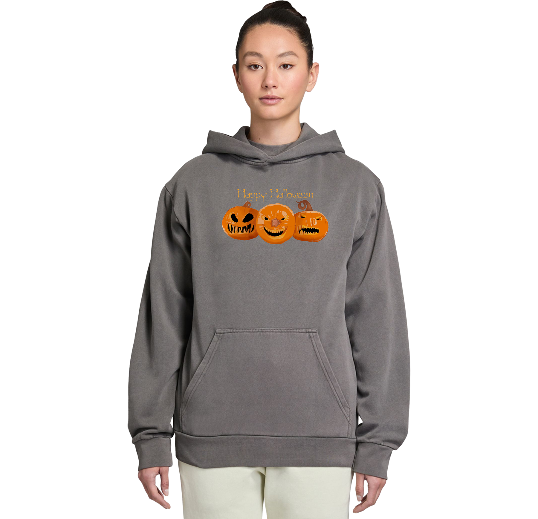 Person wearing a gray hoodie with Halloween-themed design on a white background