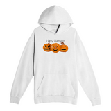 White hoodie with 'Happy Halloween' and pumpkin design on a white background
