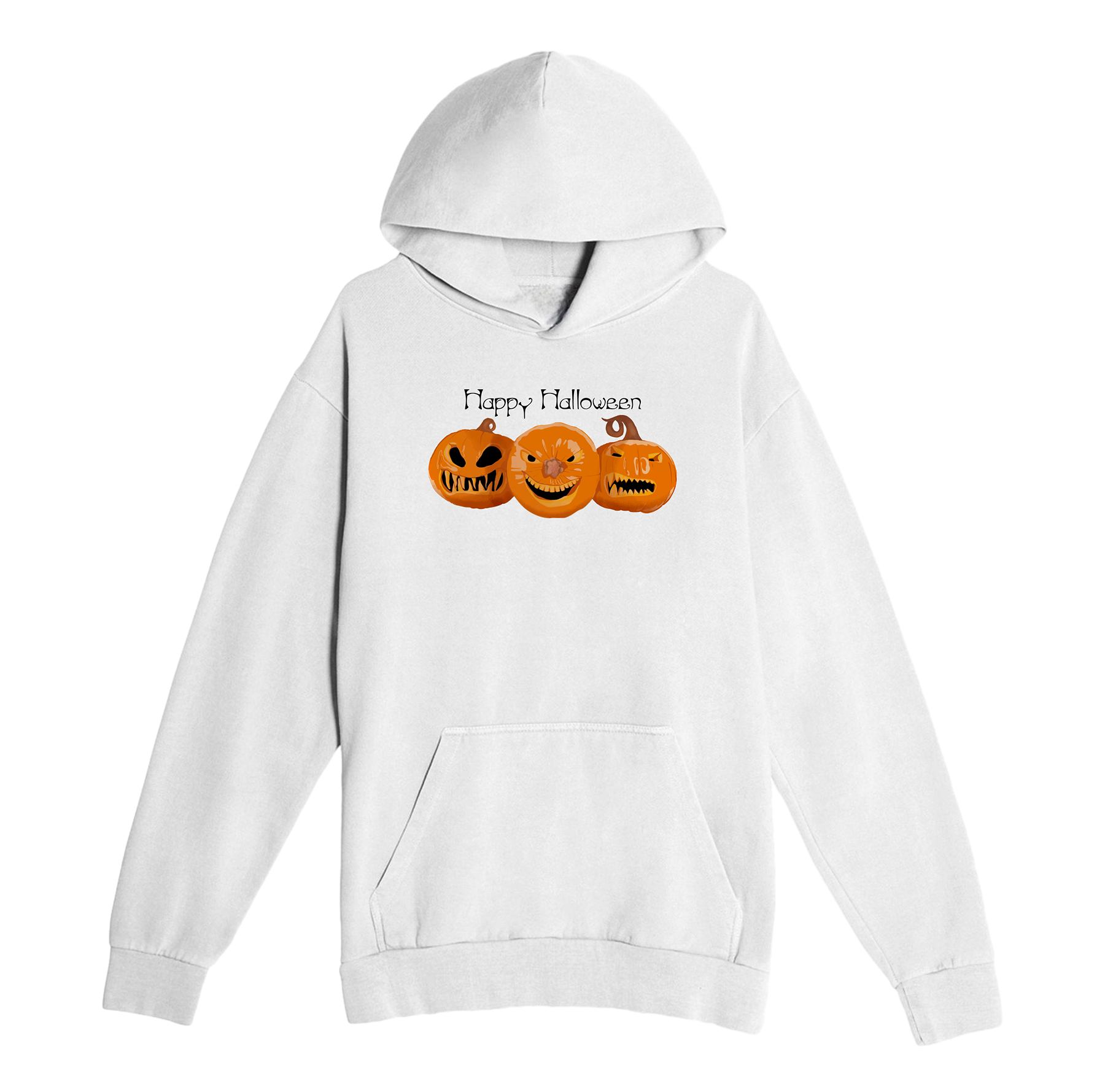 White hoodie with 'Happy Halloween' and pumpkin design on a white background