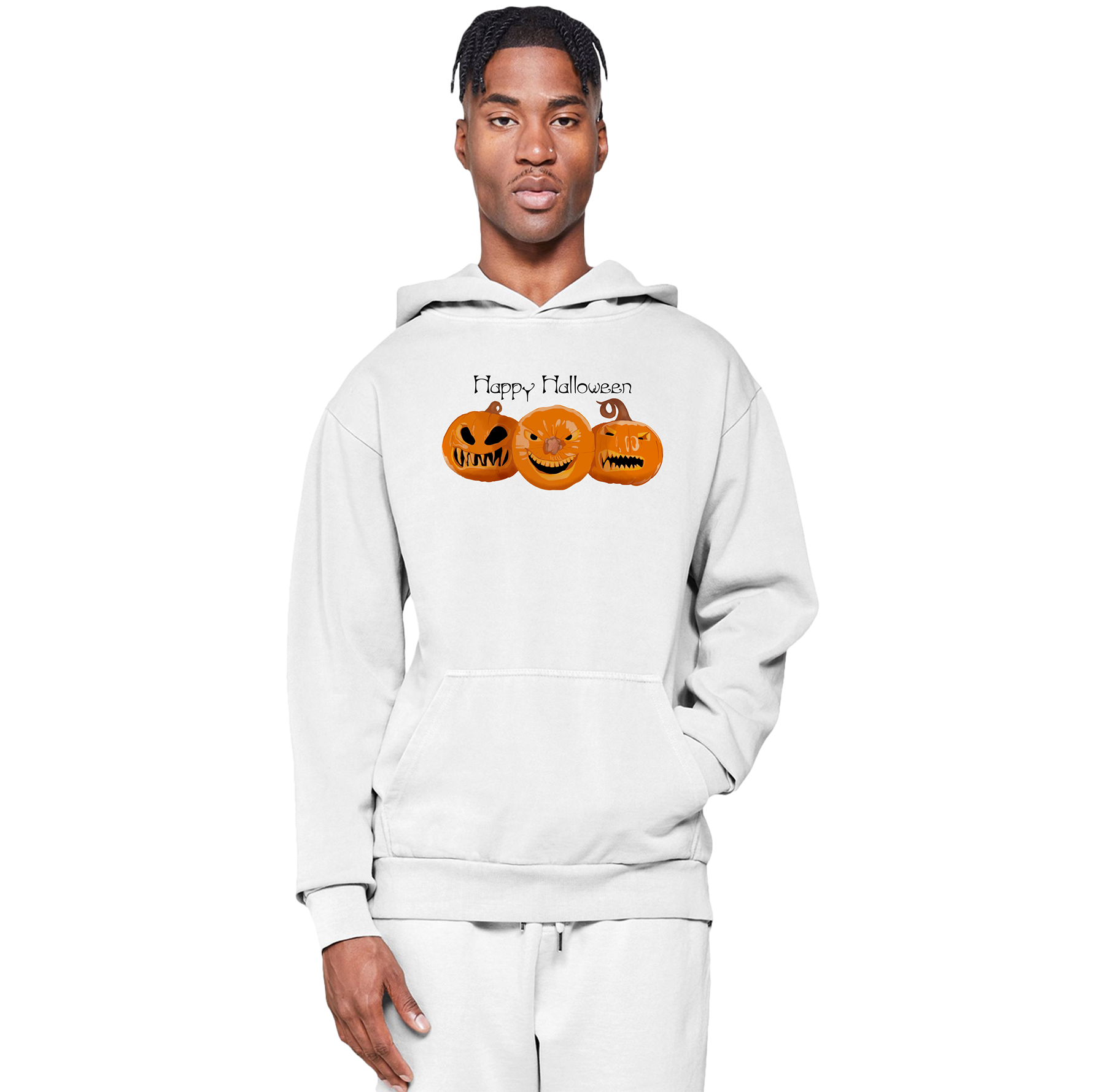 Person wearing a white hoodie with 'Happy Halloween' and pumpkin design on a white background