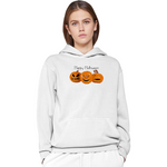 Person wearing a white hoodie with Halloween-themed design on a white background