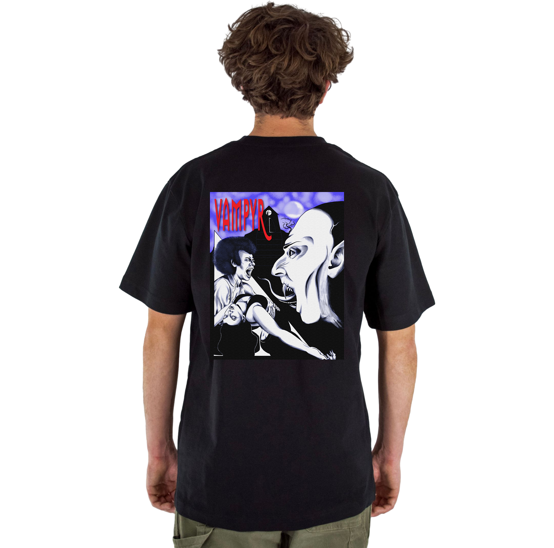 Person wearing a black t-shirt with a graphic design on the back, featuring a vampire and a woman.
