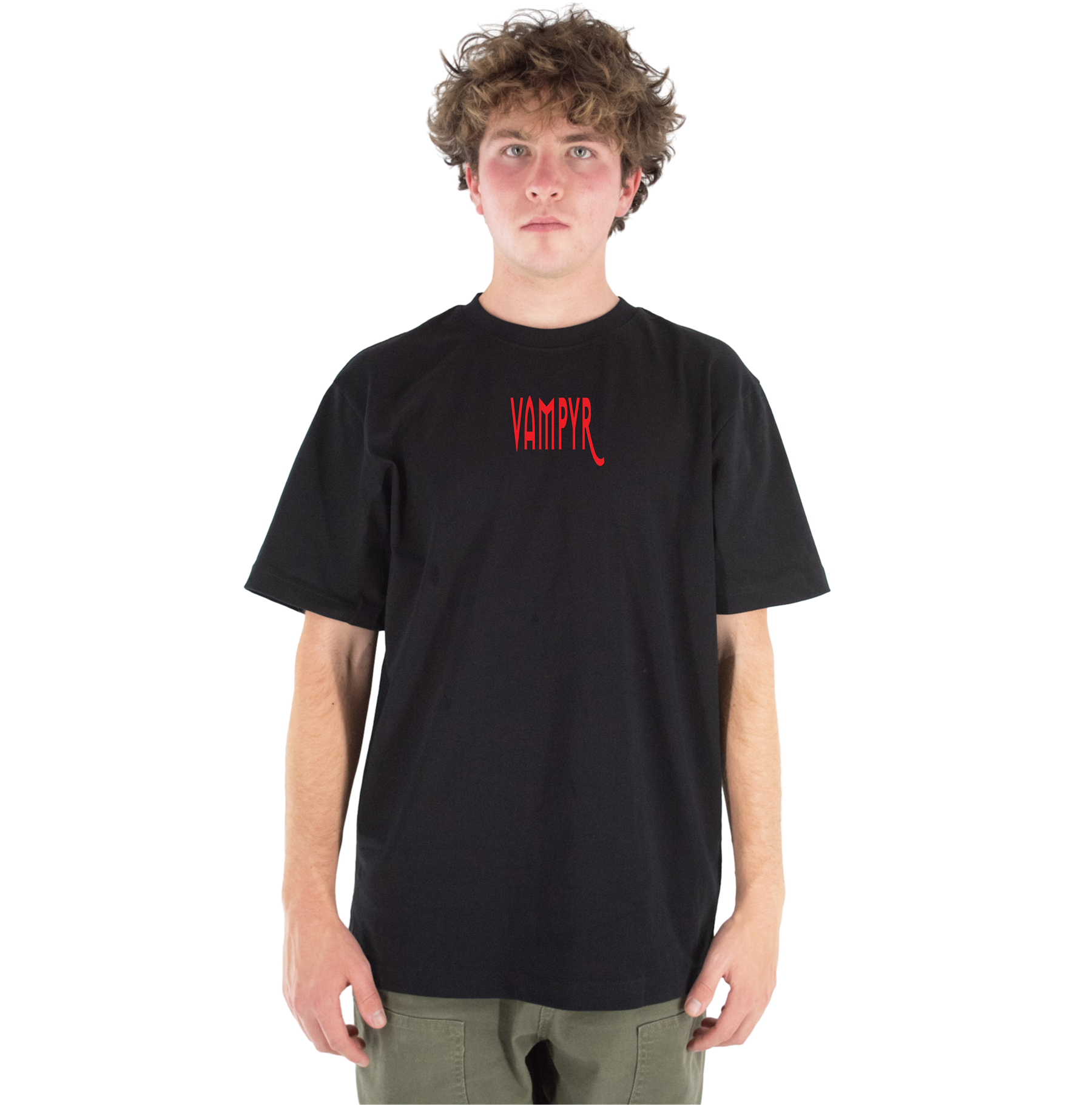 Person wearing a black t-shirt with red text on a white background