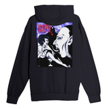 Black hoodie with a graphic design on the back featuring a vampire and a woman.