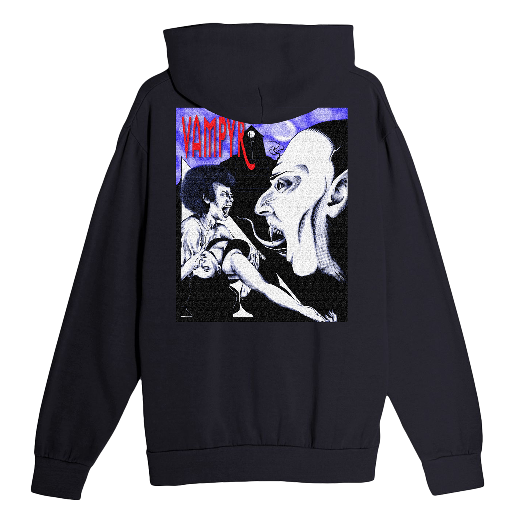 Black hoodie with a graphic design on the back featuring a vampire and a woman.