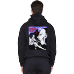 Person wearing a black hoodie with a graphic design on the back, featuring a vampire and a woman.