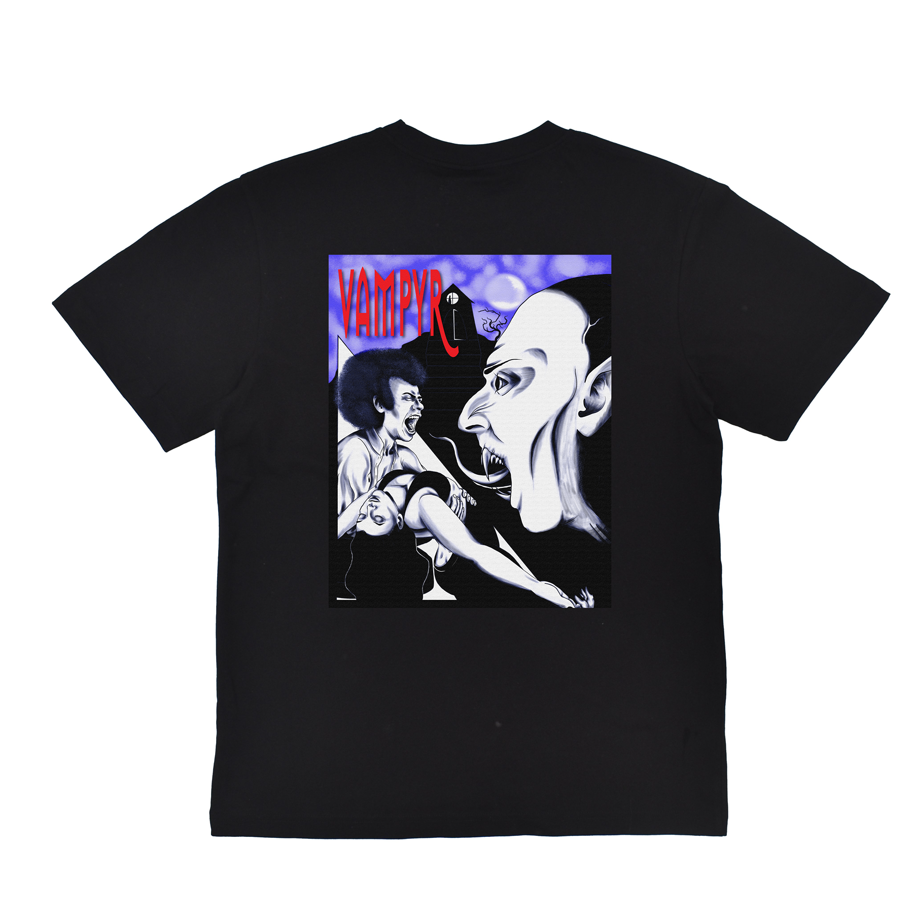 Black t-shirt with graphic design featuring a vampire and woman on a white background