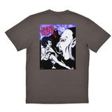 Gray t-shirt with a graphic design on the back featuring a vampire and a woman.