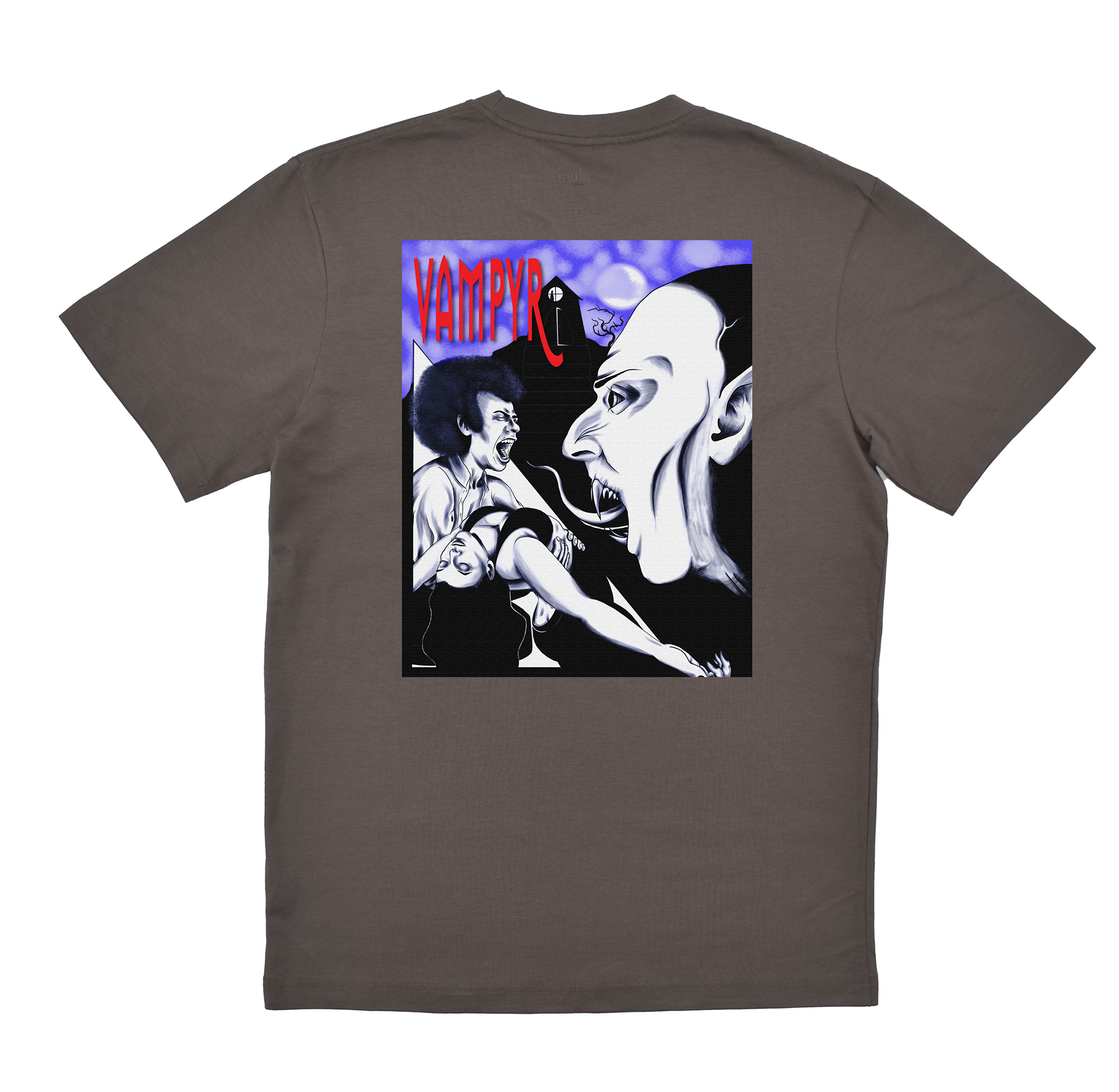Gray t-shirt with a graphic design on the back featuring a vampire and a woman.