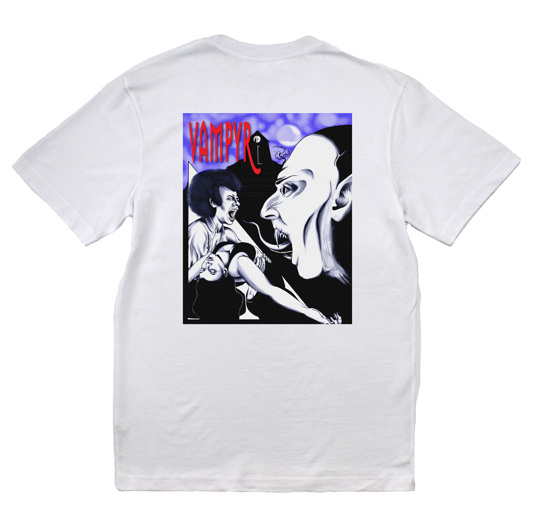 White t-shirt with a graphic design of a woman and a man with 'Vampire' text on the back.