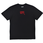 Black t-shirt with red 'VAMPYR' logo on a white background