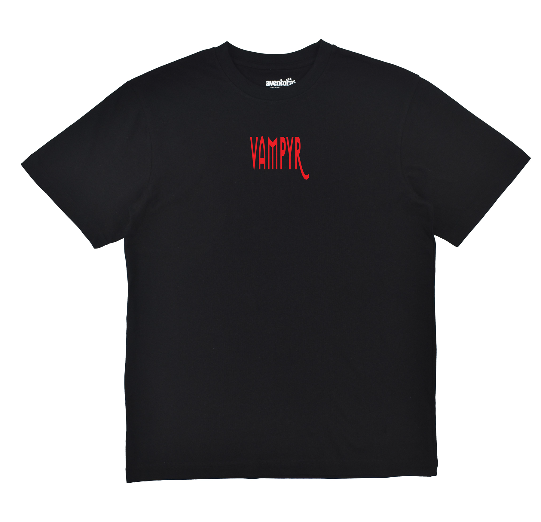Black t-shirt with red 'VAMPYR' logo on a white background