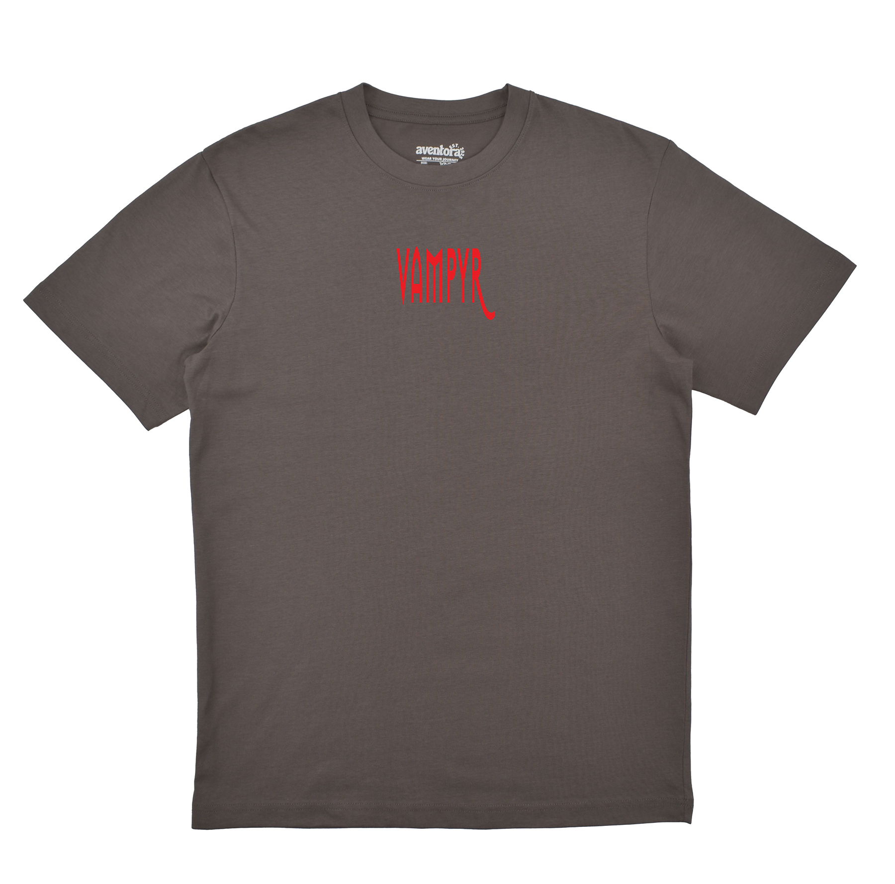 Gray t-shirt with red text on a white background