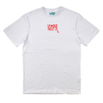 White t-shirt with red 'VAMPYR' logo on a white background