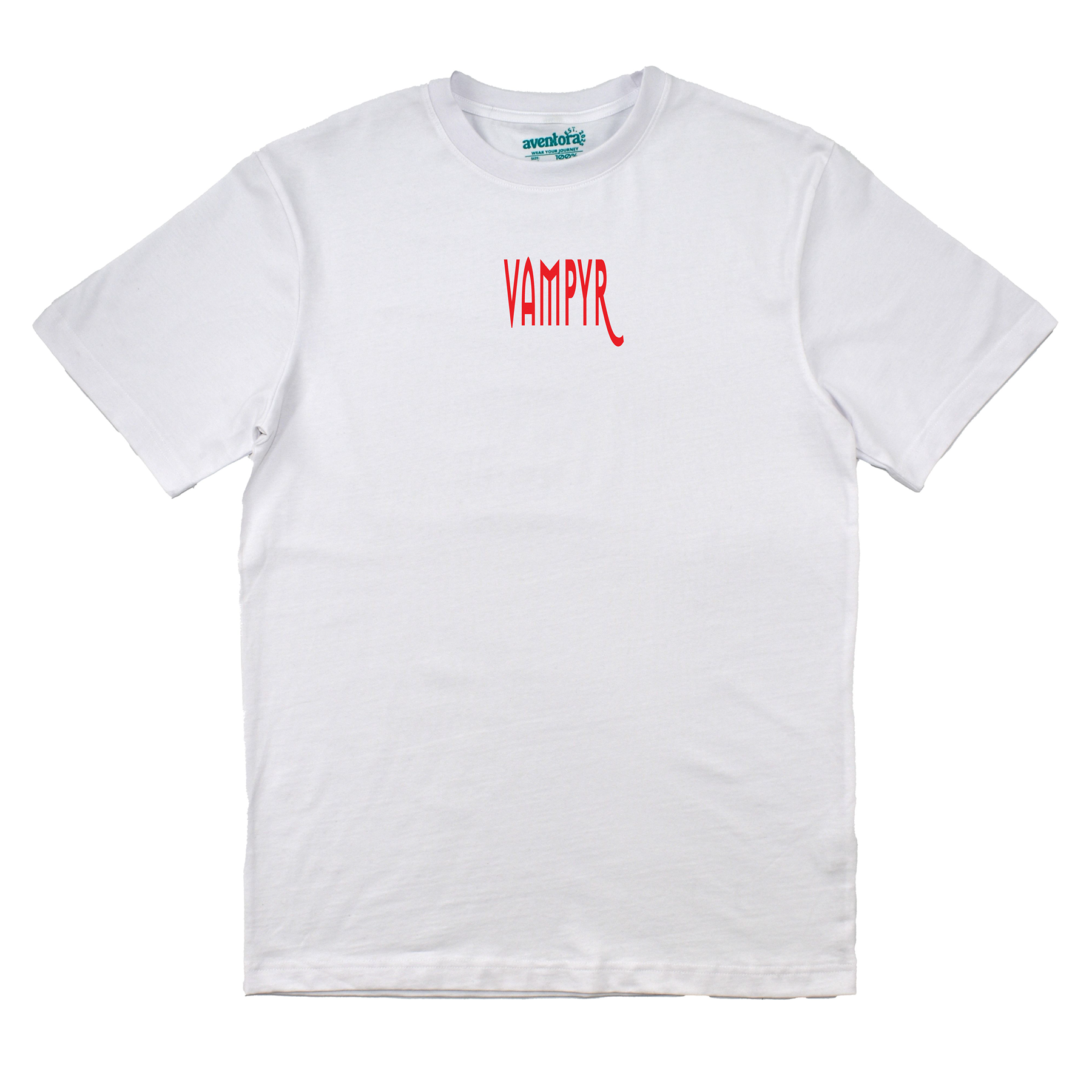 White t-shirt with red 'VAMPYR' logo on a white background