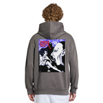Person wearing a gray hoodie with a graphic design on the back, featuring a stylized image of a woman and a man with the word 'Vampire' above them.