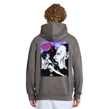 Person wearing a gray hoodie with a graphic design on the back, featuring a stylized image of a woman and a man with the word 'Vampire' above them.