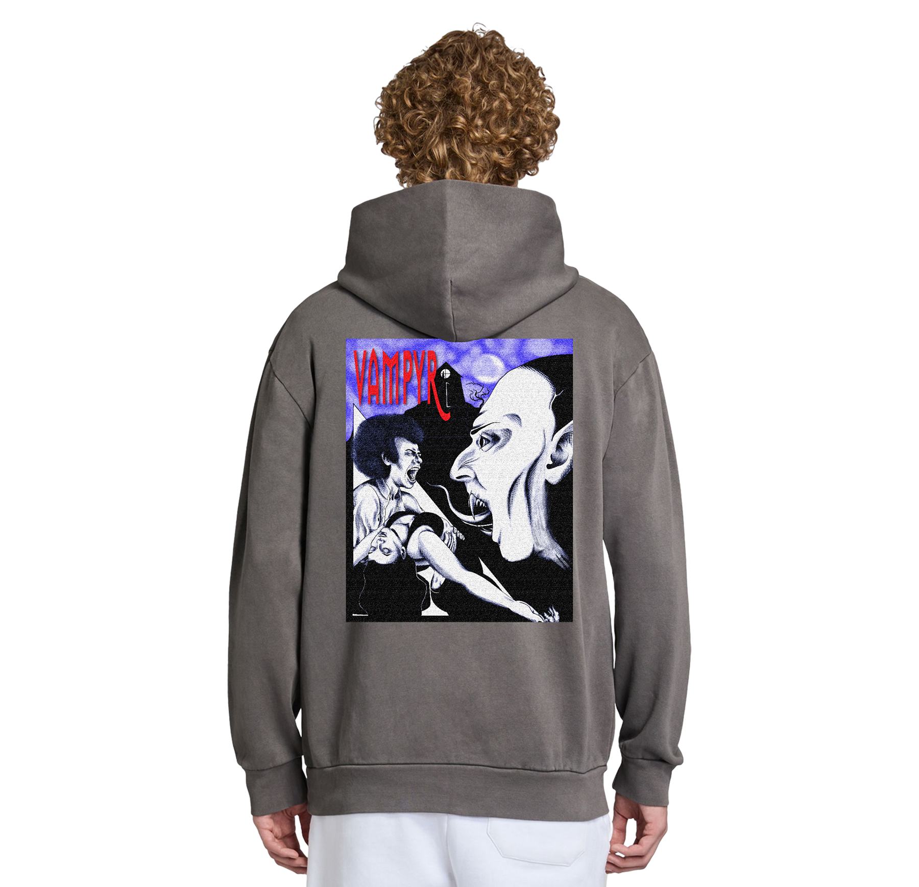 Person wearing a gray hoodie with a graphic design on the back, featuring a stylized image of a woman and a man with the word 'Vampire' above them.