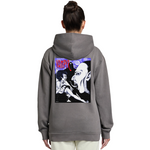 Person wearing a gray hoodie with a graphic design on the back, featuring the word 'Vampire'.
