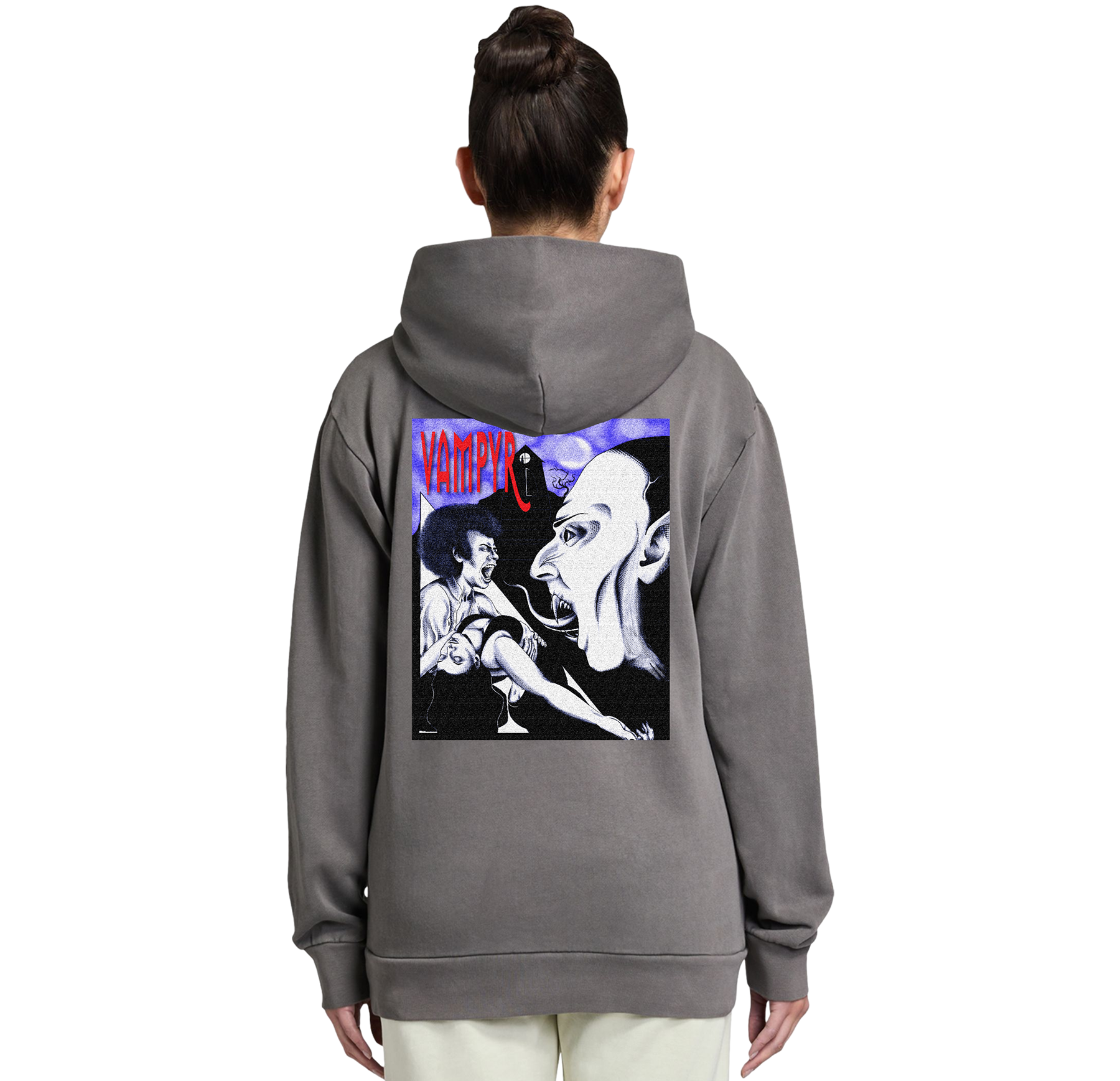 Person wearing a gray hoodie with a graphic design on the back, featuring the word 'Vampire'.