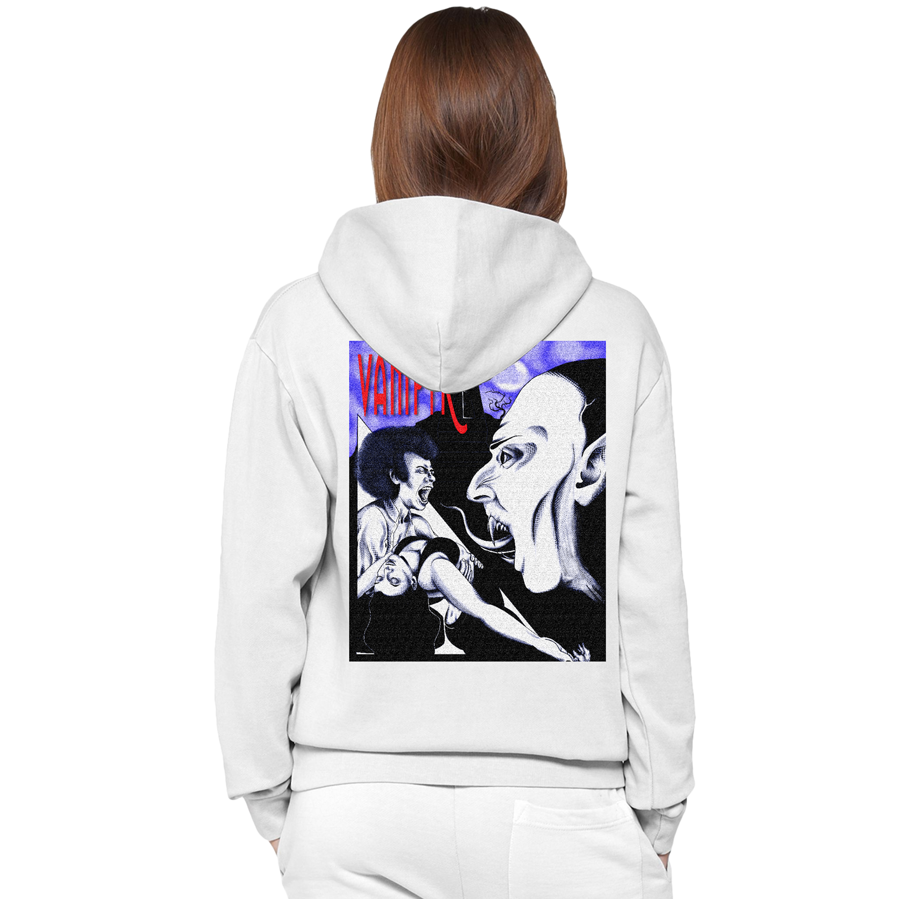 Person wearing a white hoodie with a graphic design on the back, standing against a white background.