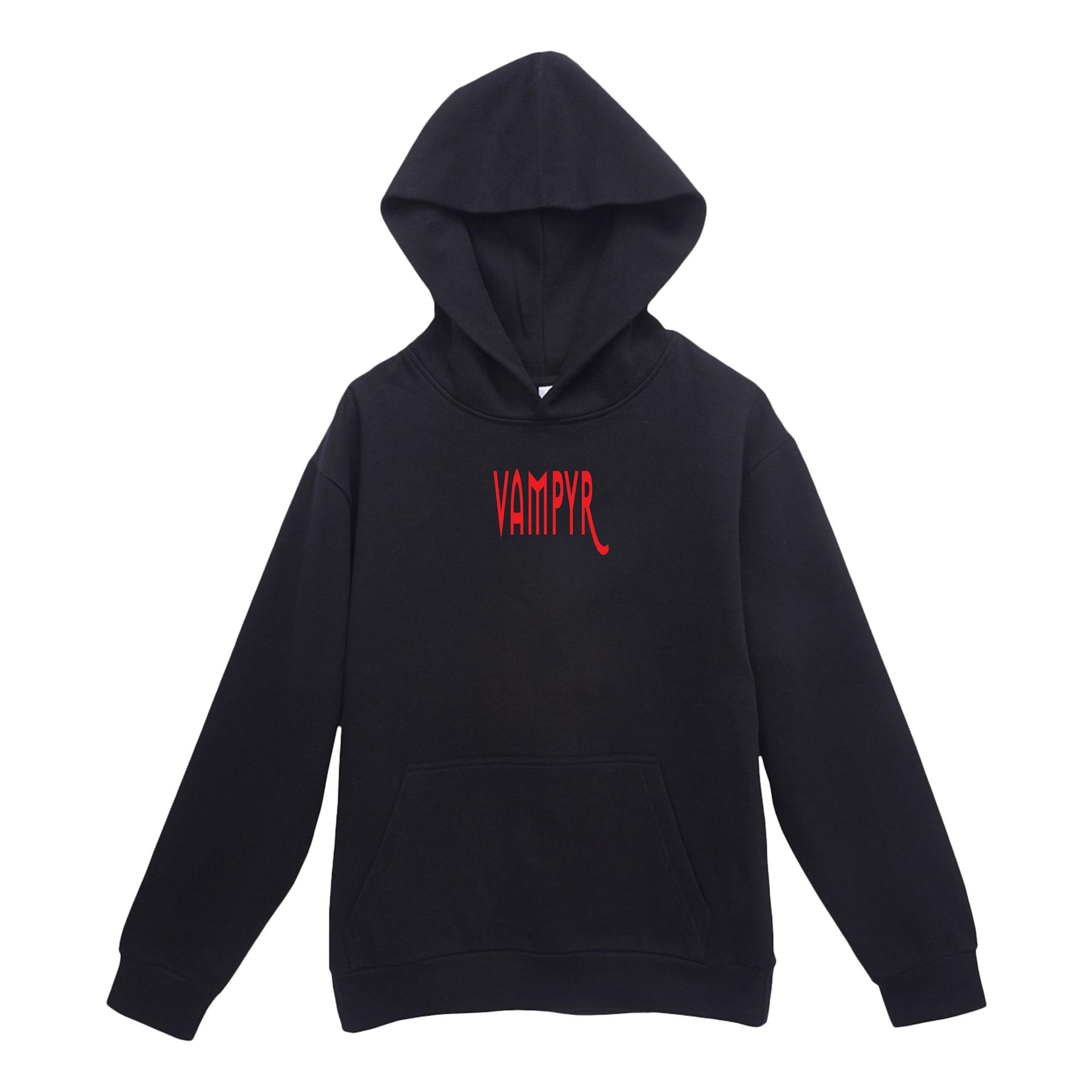 Black hoodie with red 'VAMPYR' text on a white background