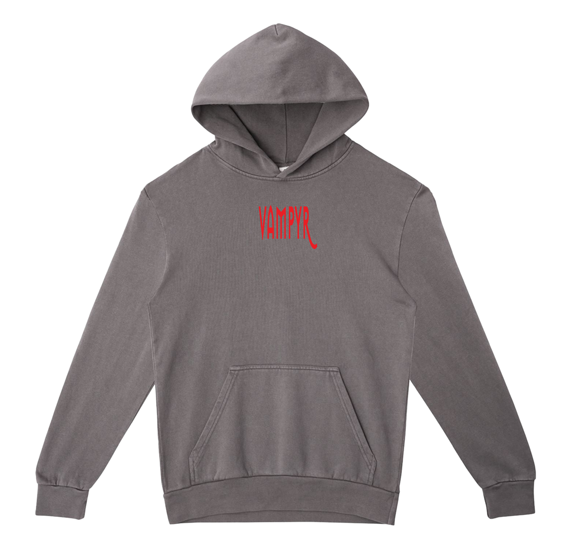 Gray hoodie with red 'VAMPIR' logo on a white background