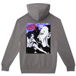 Gray hoodie with a graphic design on the back featuring a vampire and a woman.
