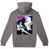 Gray hoodie with a graphic design on the back featuring a vampire and a woman.