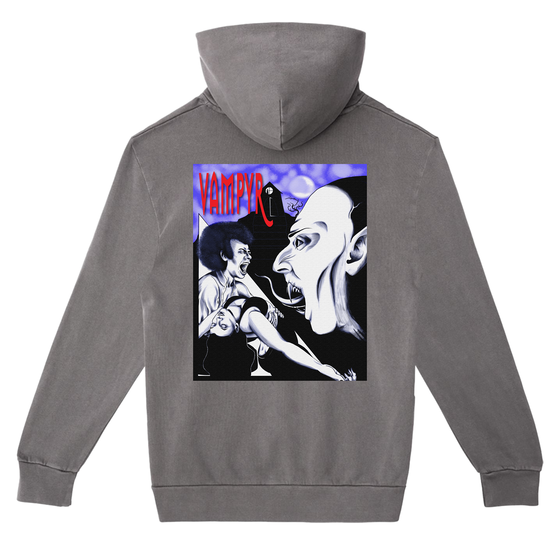 Gray hoodie with a graphic design on the back featuring a vampire and a woman.