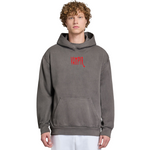 Person wearing a gray hoodie with 'VAMPIR' text in red on a white background