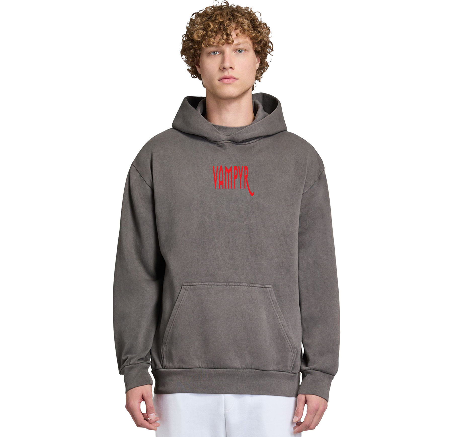 Person wearing a gray hoodie with 'VAMPIR' text in red on a white background