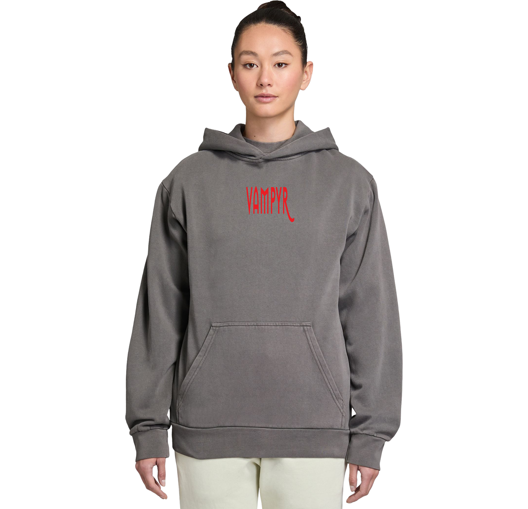Person wearing a gray hoodie with red text on a white background