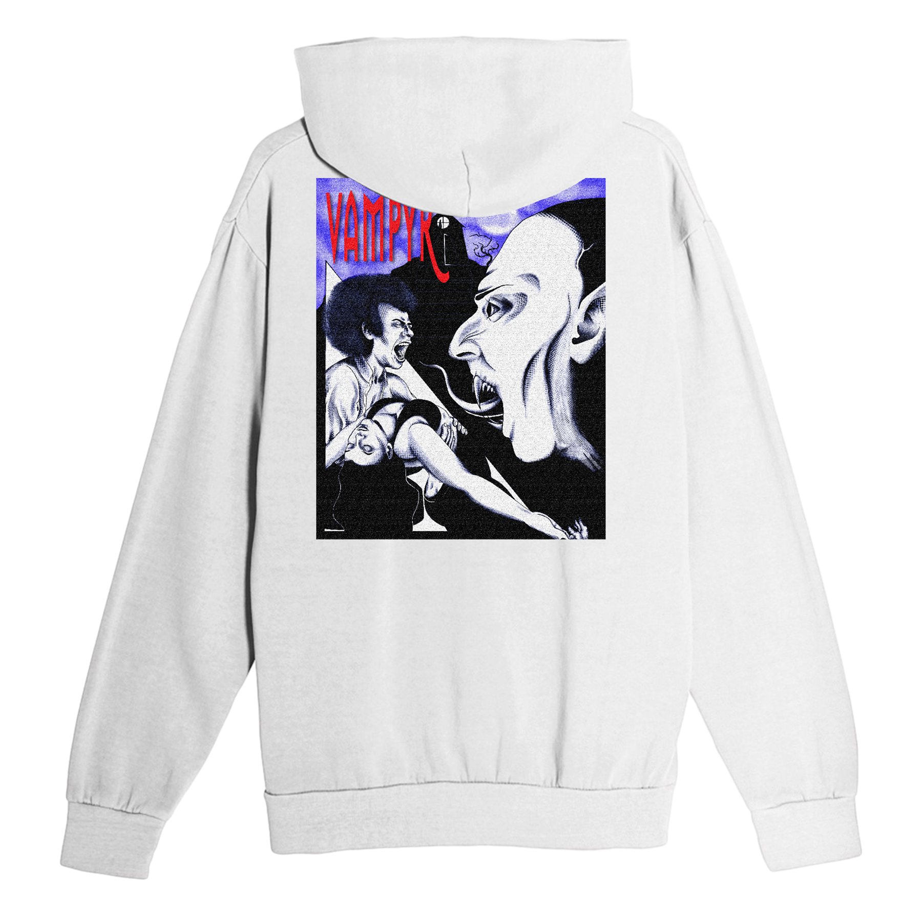 White hoodie with a graphic design on the back featuring a vampire and a woman.