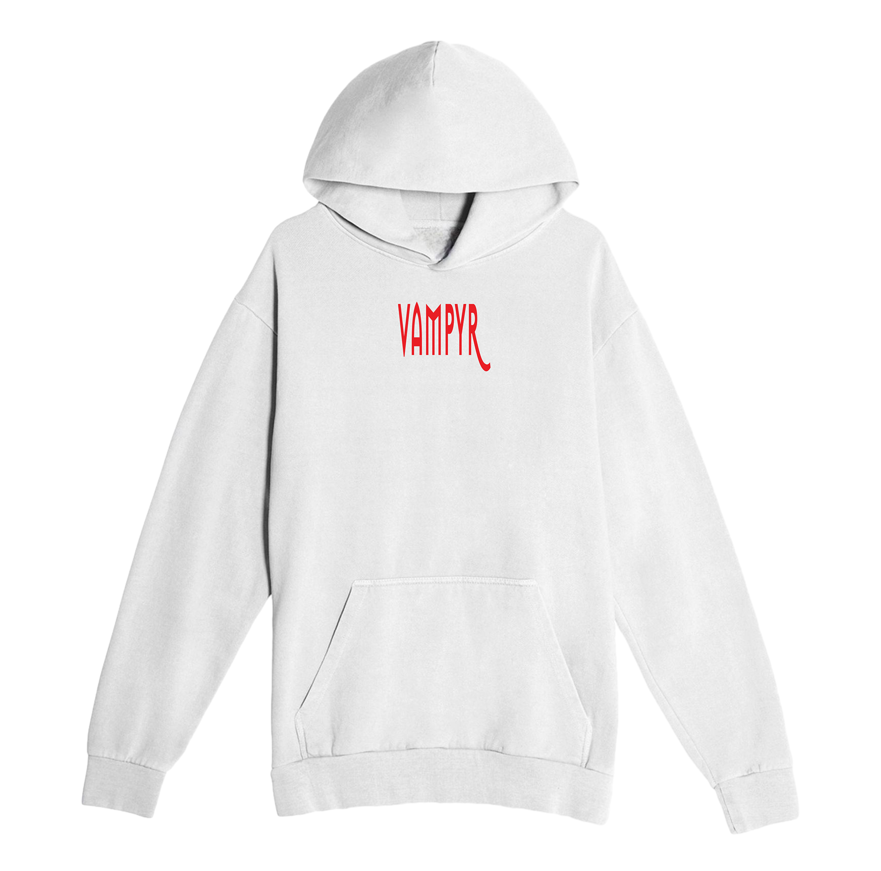 White hoodie with red 'VAMPYR' logo on a white background