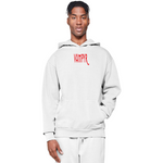 Person wearing a white hoodie with 'Vampyr' logo on a white background
