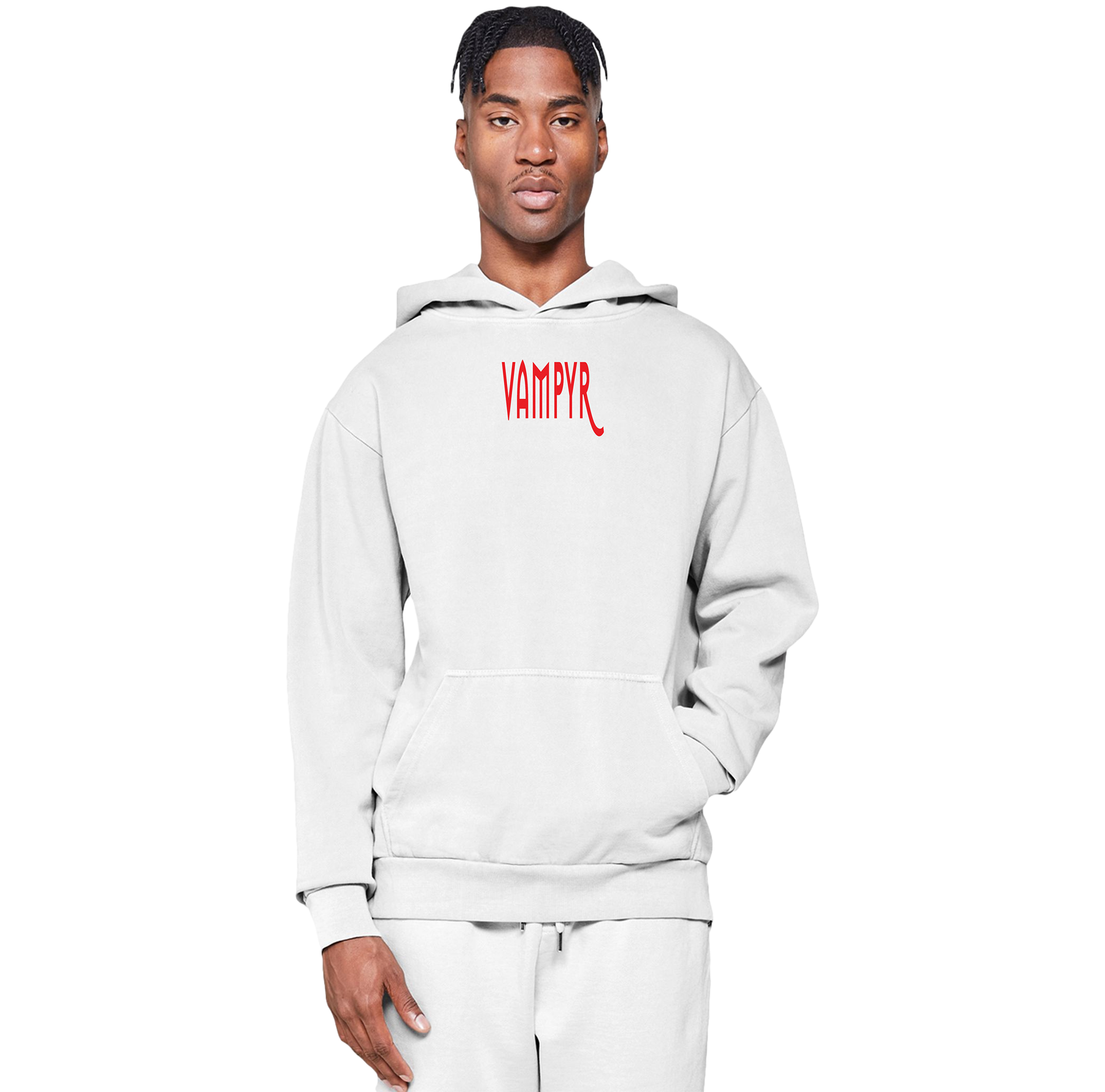 Person wearing a white hoodie with 'Vampyr' logo on a white background
