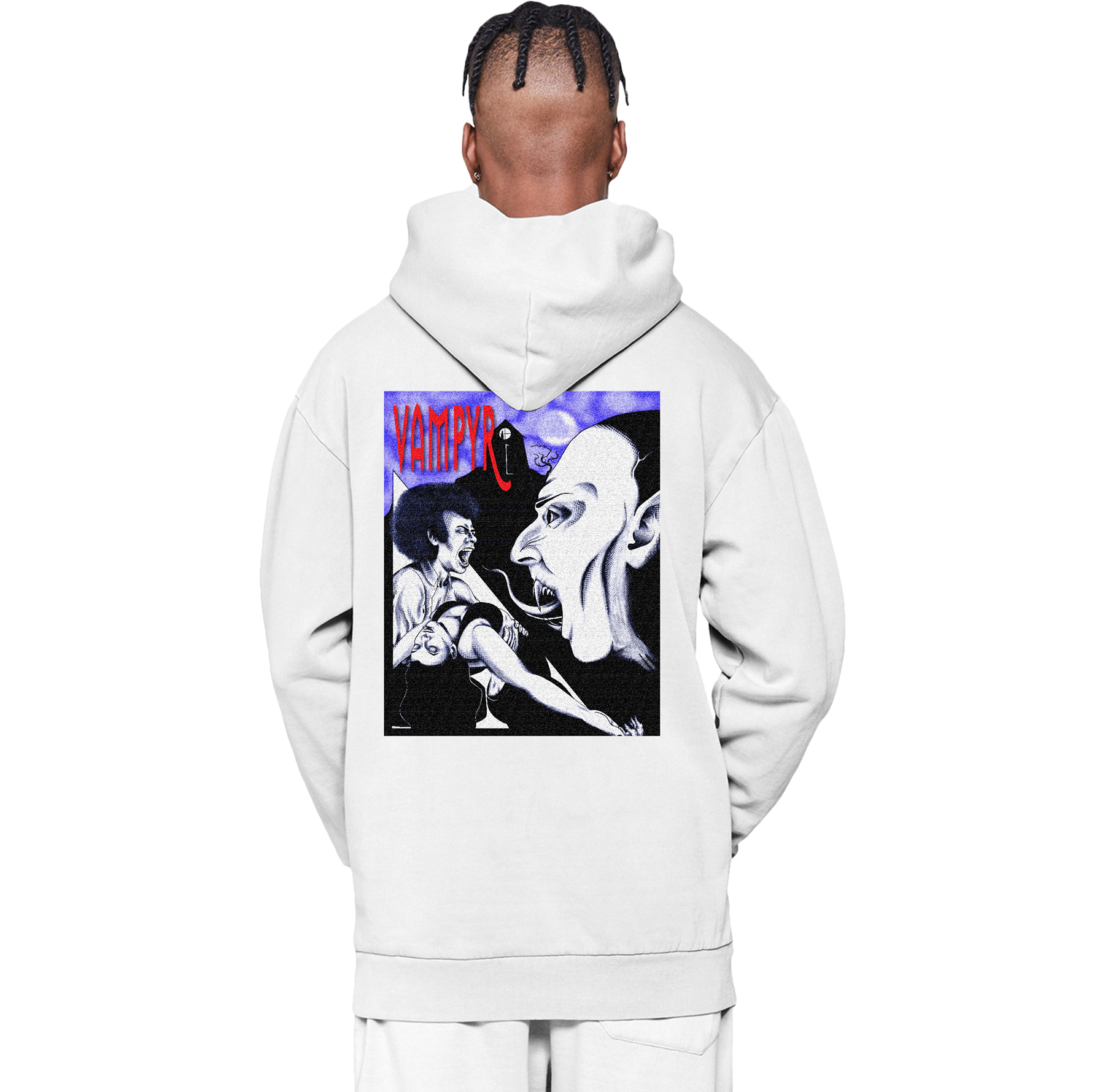 Person wearing a white hoodie with a graphic design on the back, featuring a stylized illustration of a vampire.