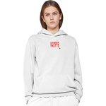 Person wearing a light gray hoodie with 'VAMPYR' logo on a white background