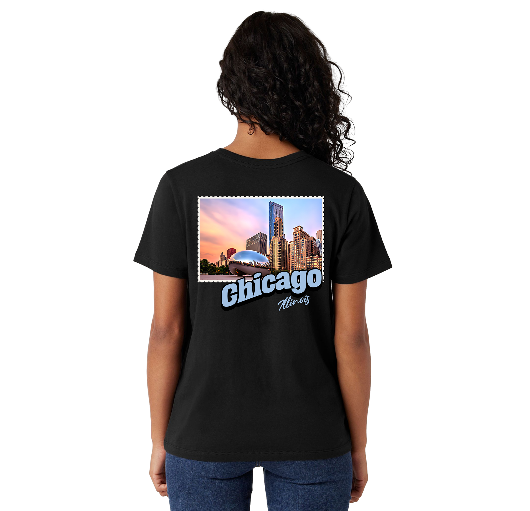 Person wearing a black t-shirt with a 'Chicago' graphic on the back