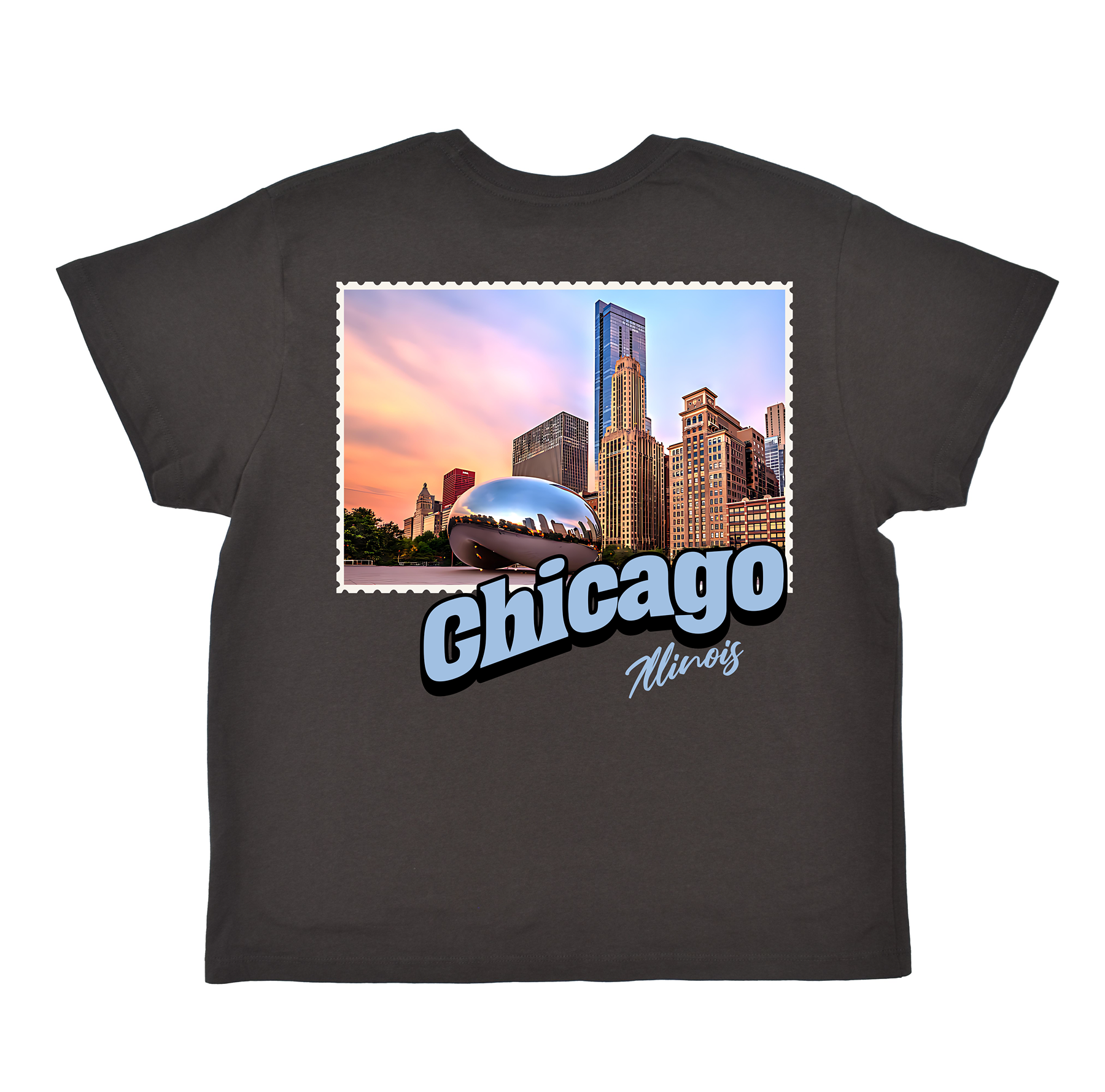 Black t-shirt with a graphic of Chicago skyline and 'Chicago Illinois' text on a white background
