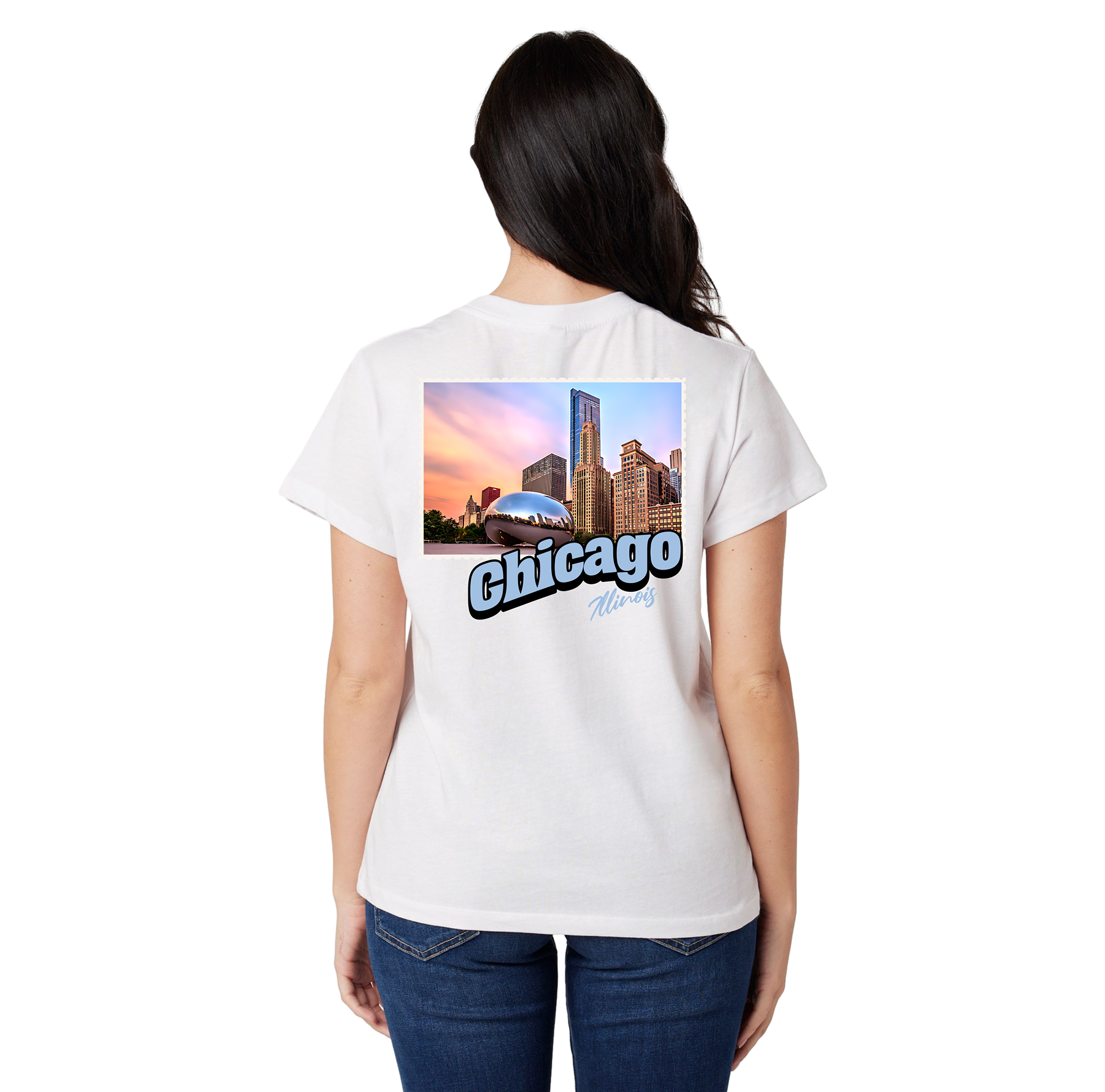 Person wearing a white t-shirt with a 'Chicago' graphic on the back