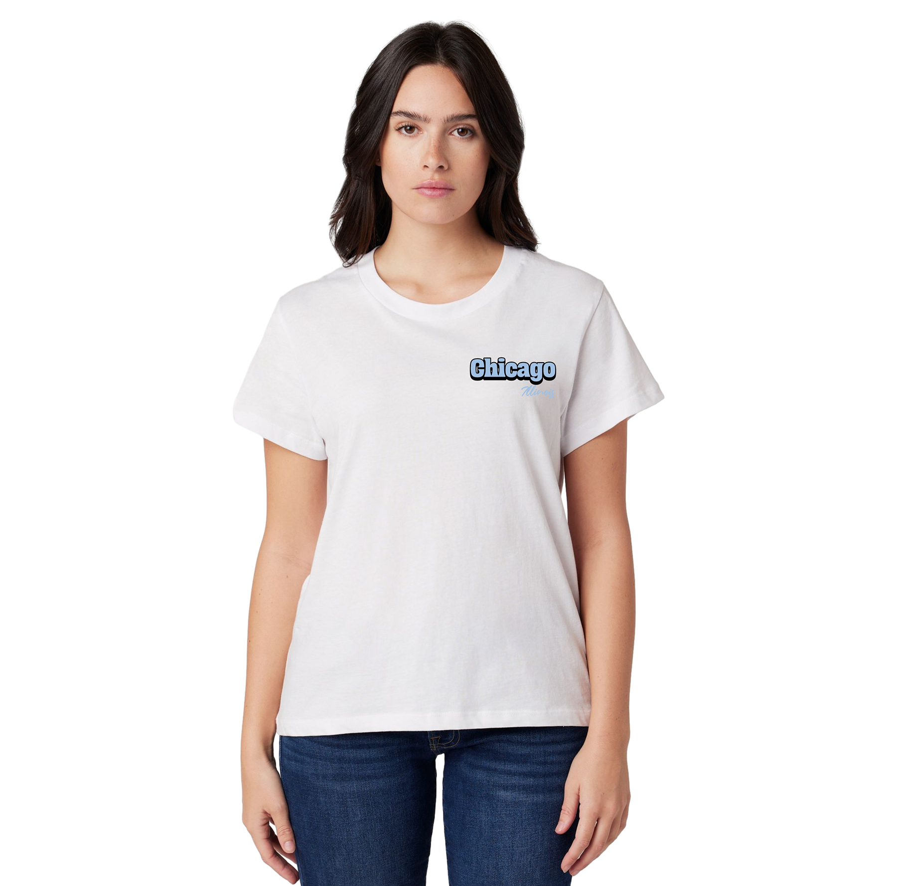 Woman wearing a white t-shirt with 'Chicago' printed on it against a white background