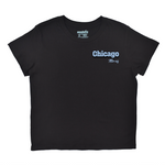 Black t-shirt with 'Chicago Illinois' text on a white background