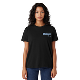 Person wearing a black t-shirt with 'Chicago' text on a white background
