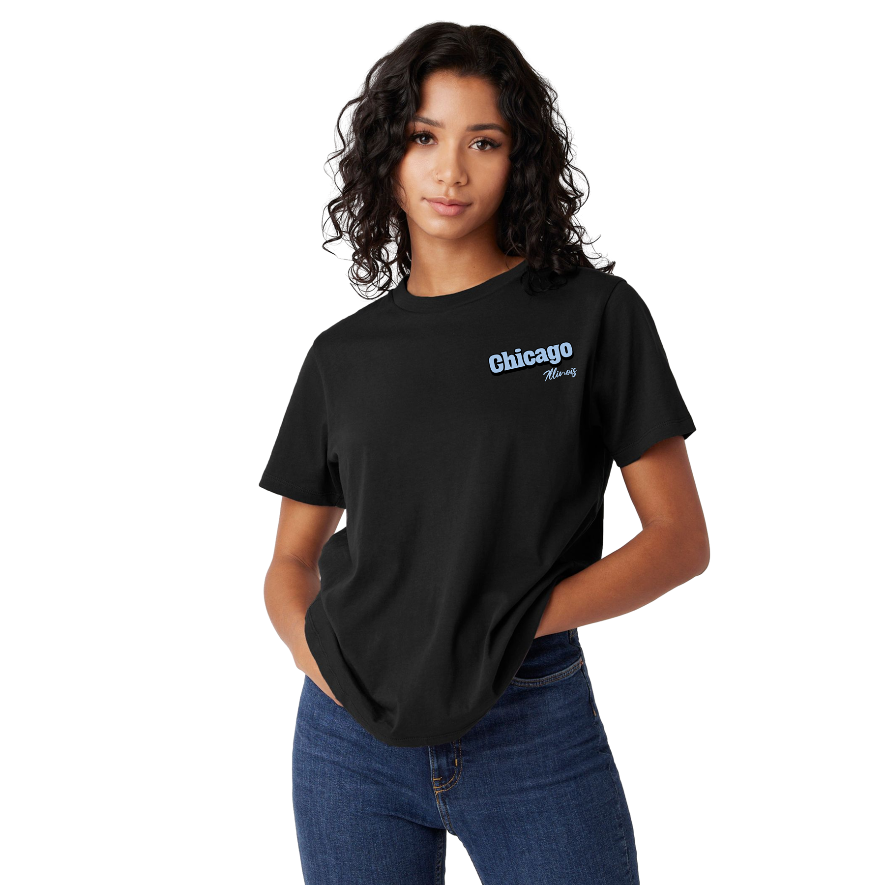 Person wearing a black t-shirt with 'Chicago' text on a white background